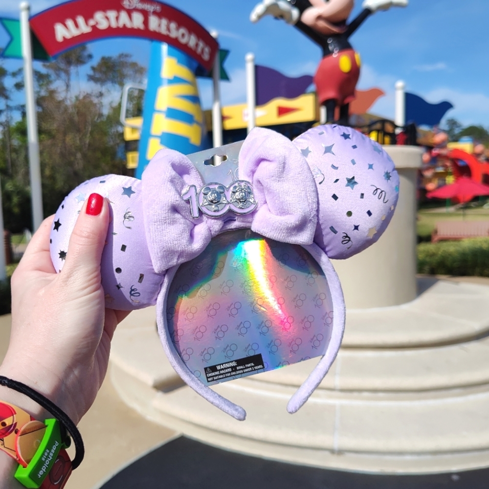 NWT Disney 100th Anniversary Kids Ear Headband Mickey & Minnie, Purple + Silver